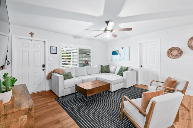 living room with wood-type flooring and ceiling fan