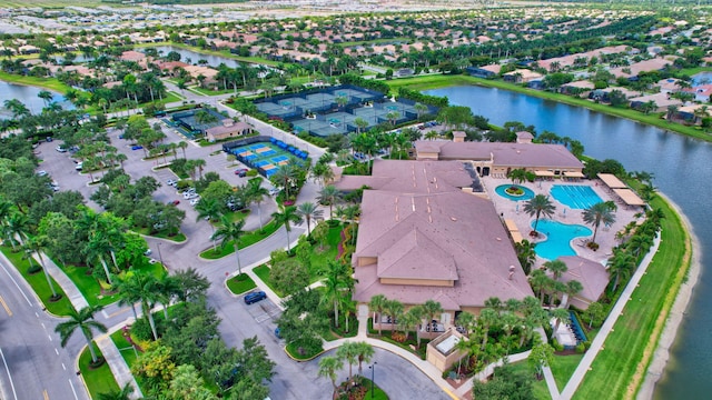 aerial view featuring a water view