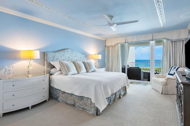 carpeted bedroom featuring crown molding, access to exterior, and ceiling fan