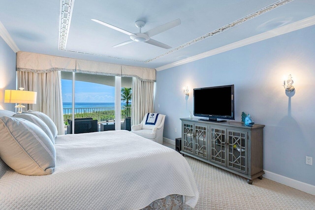 bedroom with ornamental molding, access to exterior, ceiling fan, and carpet floors