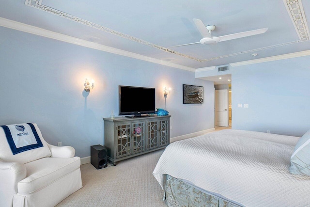 bedroom featuring crown molding, ceiling fan, and carpet floors