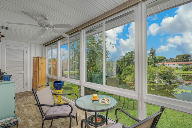 sunroom / solarium featuring plenty of natural light and ceiling fan