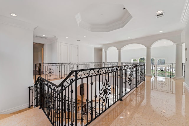 13058 Flamingo Ter, Palm Beach Gardens, FL 33410 - hallway with an upstairs landing, crown molding, recessed lighting, ornate columns, and baseboards