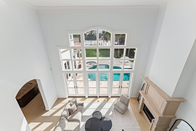 13058 Flamingo Ter, Palm Beach Gardens, FL 33410 - living room with a glass covered fireplace, a high ceiling, healthy amount of natural light, light colored carpet, and ornamental molding