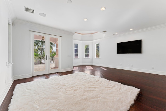 13058 Flamingo Ter, Palm Beach Gardens, FL 33410 - unfurnished bedroom featuring access to exterior, dark wood-type flooring, french doors, baseboards, and crown molding