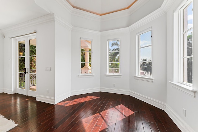 unfurnished room with dark hardwood / wood-style floors, crown molding, and french doors