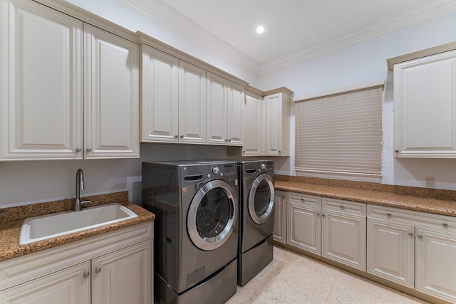 13058 Flamingo Ter, Palm Beach Gardens, FL 33410 - washroom with cabinet space, washing machine and dryer, crown molding, and recessed lighting