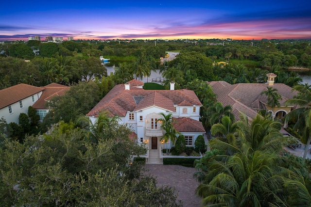 aerial view at dusk with a water view