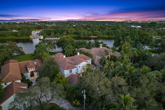 aerial view at dusk with a water view