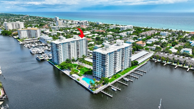 aerial view featuring a water view