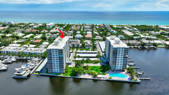 aerial view featuring a water view