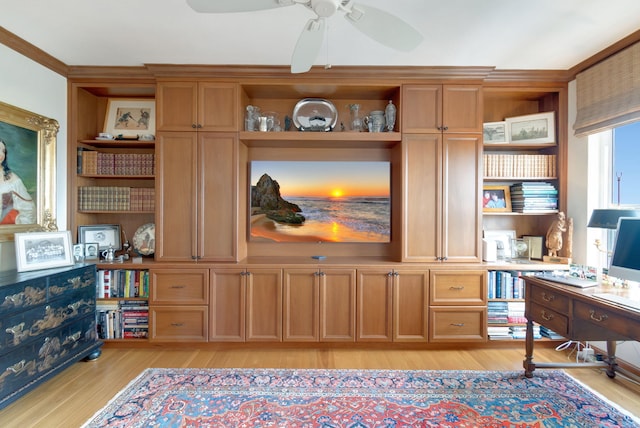 office area with ceiling fan, ornamental molding, and light hardwood / wood-style flooring