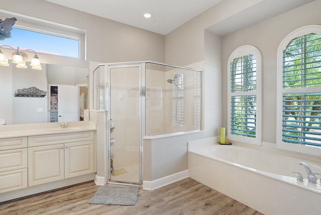 bathroom with separate shower and tub, vanity, and wood-type flooring