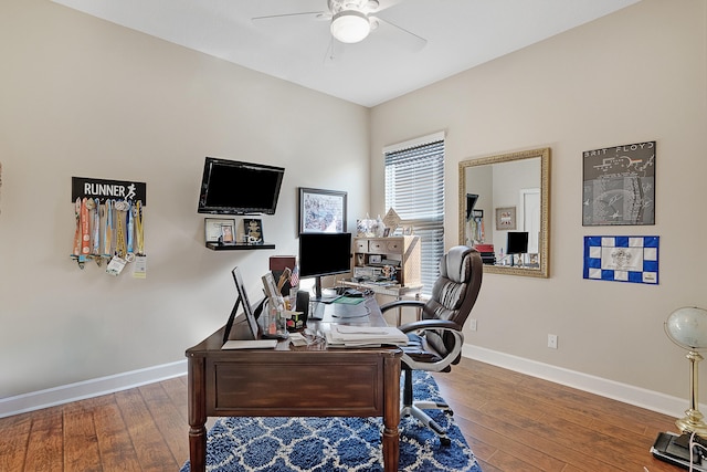 office space featuring wood-type flooring and ceiling fan