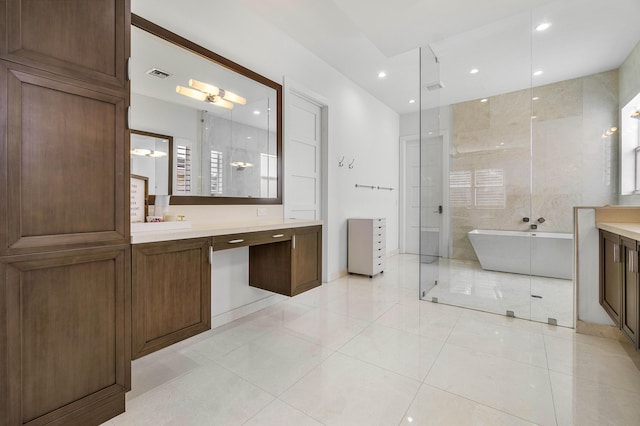200 NE 6th Ct, Boca Raton, FL 33432 - bathroom with vanity, a freestanding bath, tile patterned floors, recessed lighting, and a shower
