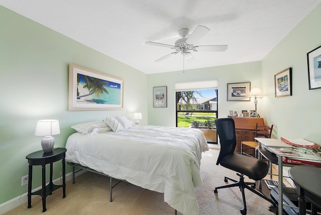 bedroom with light carpet and ceiling fan