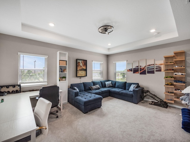 carpeted living room featuring a raised ceiling and a healthy amount of sunlight