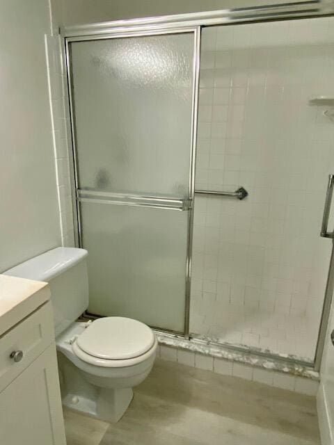 bathroom with a shower with door, vanity, and toilet