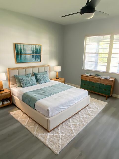 bedroom featuring a ceiling fan and wood finished floors