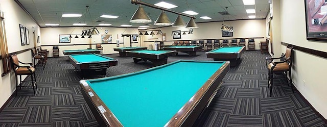 playroom featuring carpet flooring, pool table, and a paneled ceiling