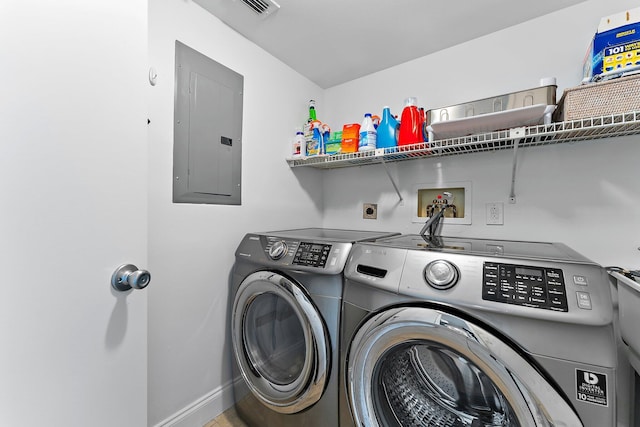 laundry room with electric panel and washing machine and dryer