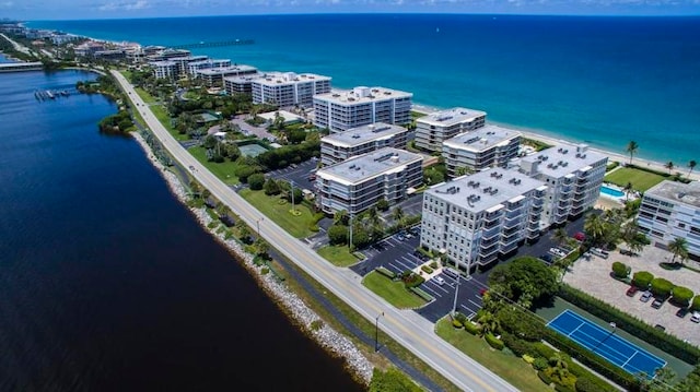 drone / aerial view featuring a water view