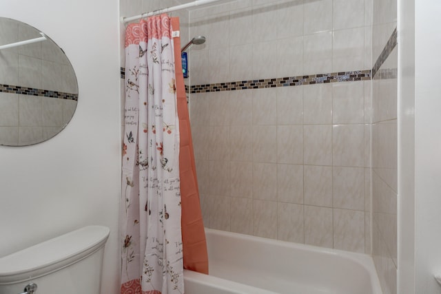 bathroom with toilet and shower / bathtub combination with curtain