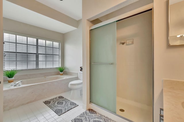 full bathroom with separate shower and tub, toilet, and vanity