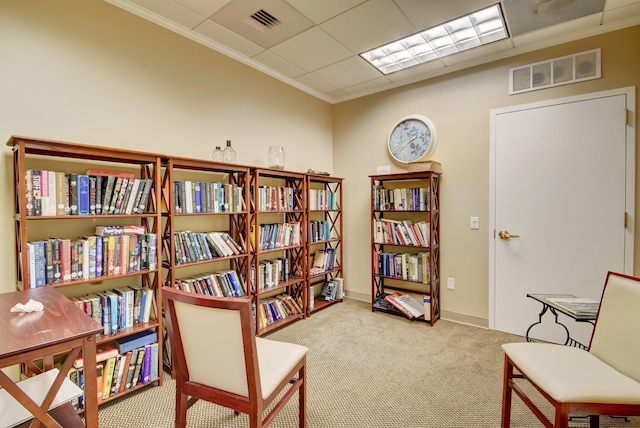 living area featuring ornamental molding, a paneled ceiling, and light colored carpet