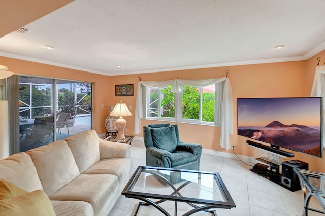 living room featuring ornamental molding, plenty of natural light, and light tile patterned floors