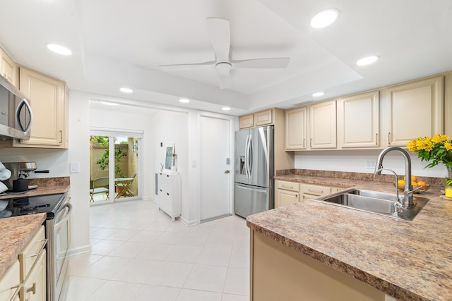 kitchen with a tray ceiling, ceiling fan, sink, and stainless steel appliances