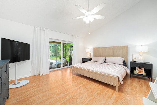 bedroom with access to exterior, light hardwood / wood-style floors, high vaulted ceiling, and ceiling fan