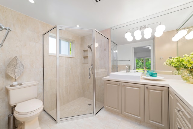 bathroom featuring toilet, vanity, a healthy amount of sunlight, and walk in shower