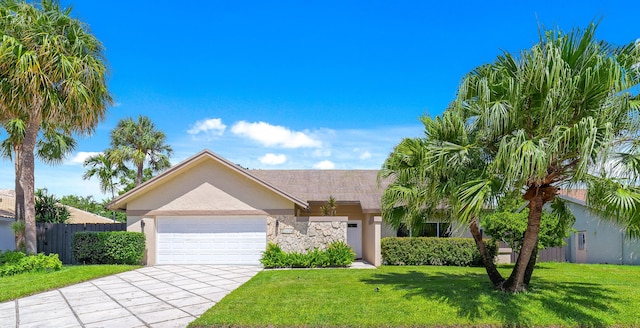 ranch-style house with a front yard and a garage