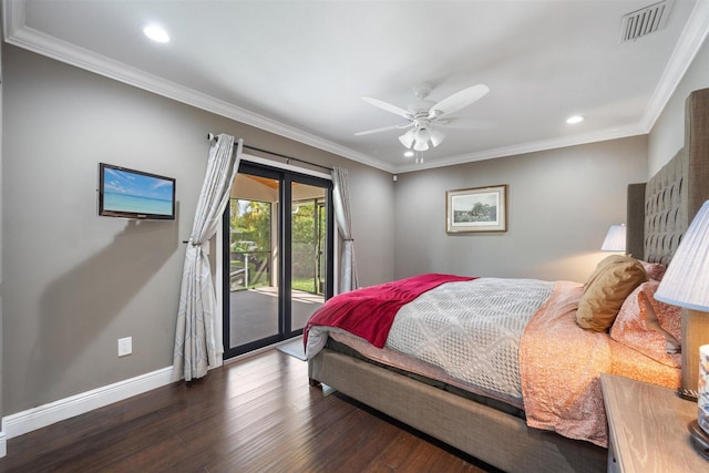 bedroom featuring dark wood-type flooring, ceiling fan, crown molding, and access to outside