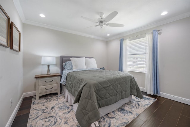 bedroom featuring dark hardwood / wood-style flooring, ceiling fan, and crown molding