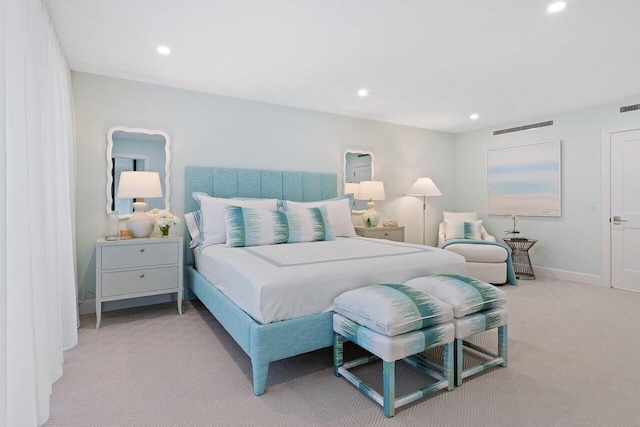 carpeted bedroom featuring visible vents, baseboards, and recessed lighting