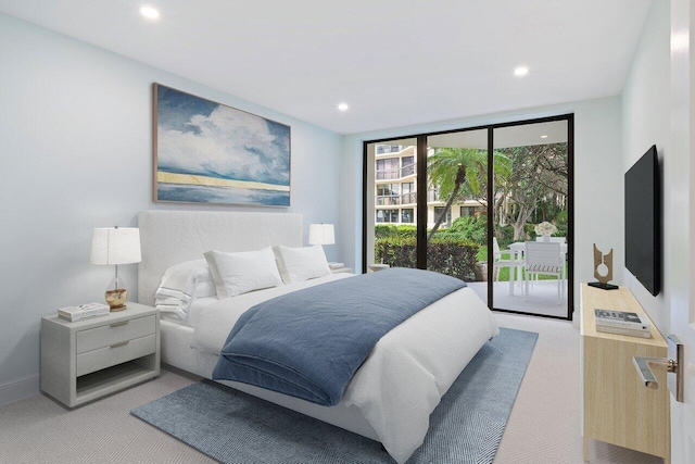 bedroom featuring access to outside, light carpet, baseboards, and recessed lighting