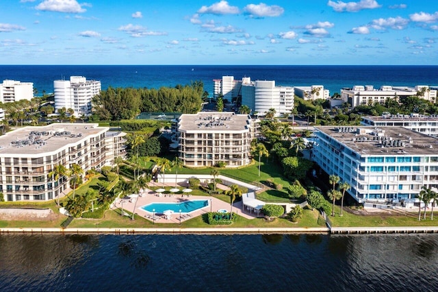 aerial view with a water view and a view of city