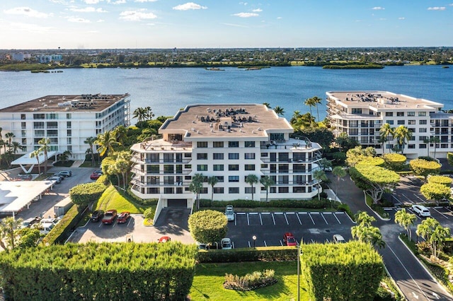 drone / aerial view with a water view