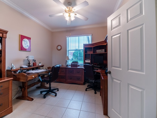 tiled home office featuring ceiling fan and ornamental molding