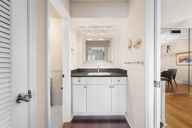 bathroom with rail lighting, wood finished floors, and vanity