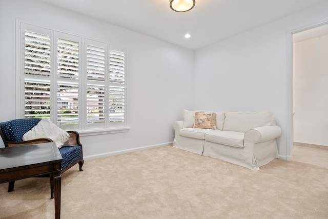 living area featuring light colored carpet