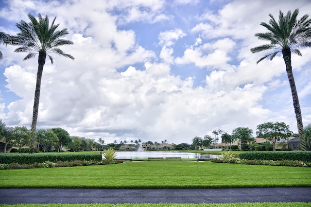 view of property's community with a yard and a water view