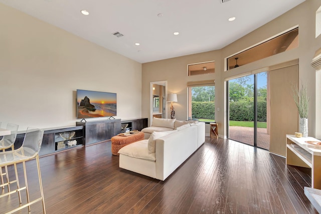 16106 Rosecroft Ter, Delray Beach, FL 33446 - living area with recessed lighting, a towering ceiling, and wood finished floors