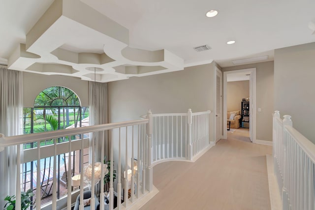 16106 Rosecroft Ter, Delray Beach, FL 33446 - corridor with recessed lighting, an upstairs landing, visible vents, coffered ceiling, and wood finished floors