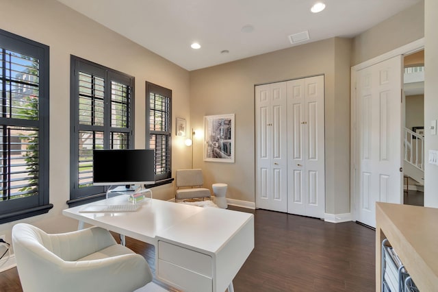 16106 Rosecroft Ter, Delray Beach, FL 33446 - office featuring recessed lighting, plenty of natural light, baseboards, and dark wood finished floors