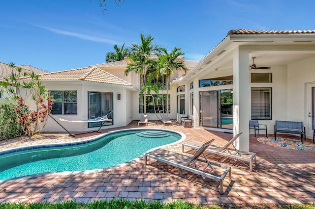 16106 Rosecroft Ter, Delray Beach, FL 33446 - outdoor pool with a patio area and a ceiling fan