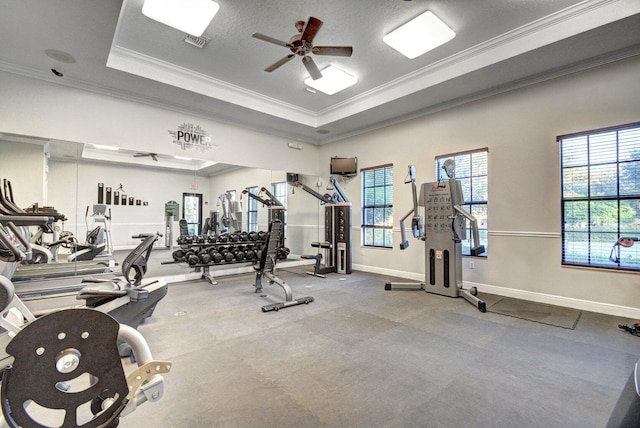 16106 Rosecroft Ter, Delray Beach, FL 33446 - gym with a raised ceiling, ceiling fan, ornamental molding, and visible vents