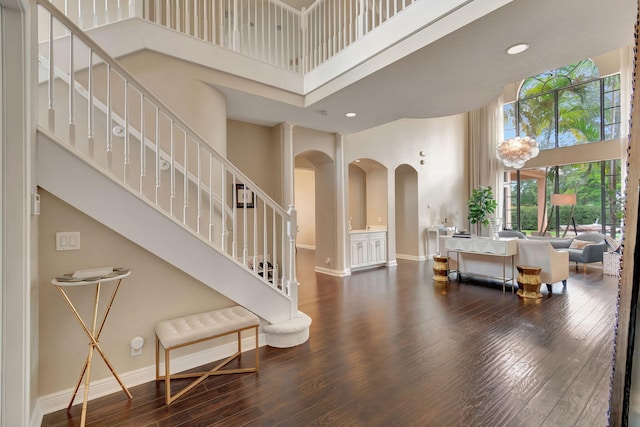 foyer featuring dark wood-type flooring and a towering ceiling